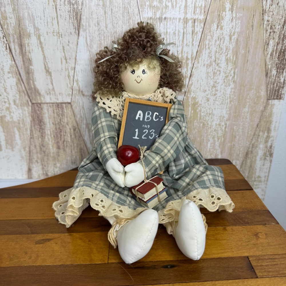 Vintage School Teacher Cloth Doll Plaid Dress Chalkboard Apple Books 10 Inch